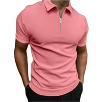 Cotonie Férfi póló alkalmi nyári Rövid ujjú ing egyszínű Turndown Pulóver Cipzár V nyakú blúz Rózsaszín XL