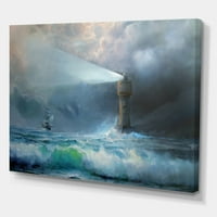 ART Designart világítótorony ragyogó fény alatt viharos éjszaka II Nautical & Coastal Canvas Wall Art Print. szélesre.