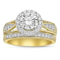 Sterling ezüst 14 ky aranyozott kerek, Halo szimulált gyémánt menyasszonyi gyűrűkkel