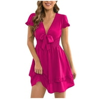 Női nyári alkalmi szilárd V-nyakú Rövid ujjú ruhák Boho laza rövid a-Line ruha Rózsaszín M